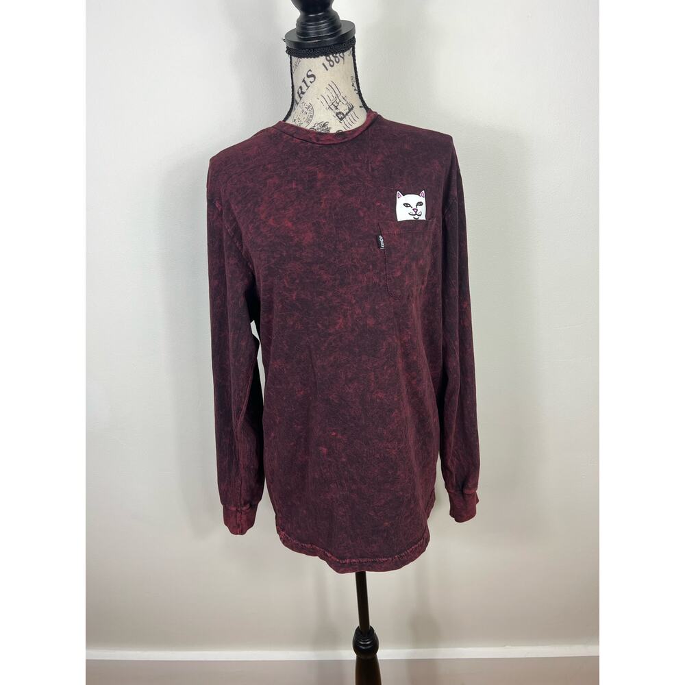 RipnDip Long sleeve red and black marble pattern shirt with hidden cat